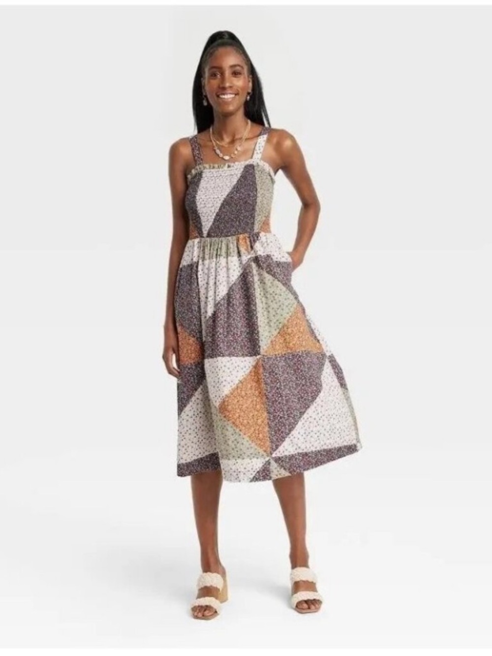 Universal Thread Patchwork Midi Dress - Green, Brown & Cream M like new